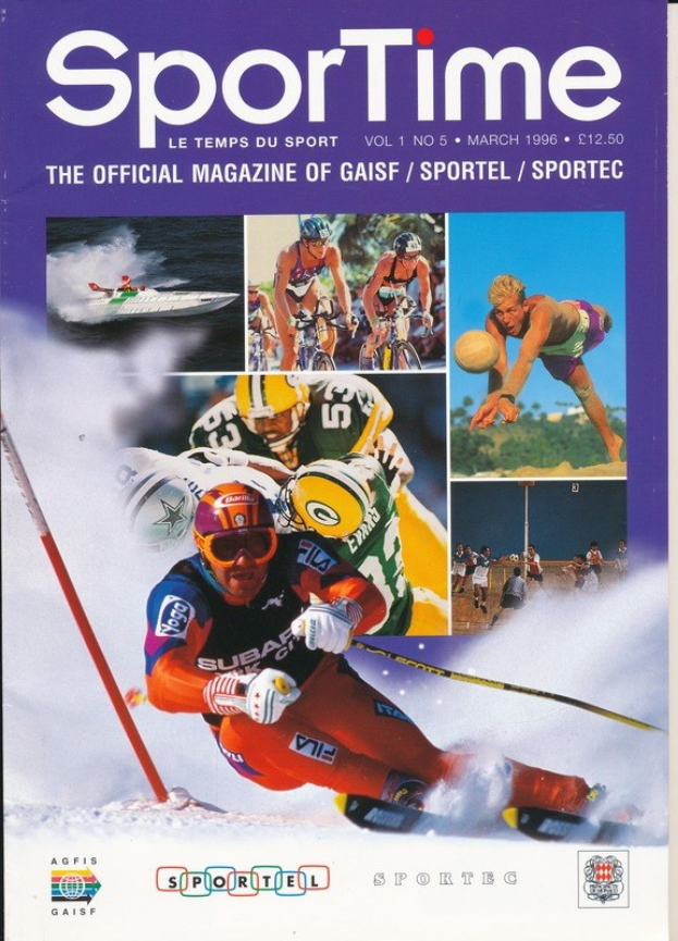 Ein Magazin mit dem Titel 'Sporttime Magazine - März 1996' mit einem Cover, das Ski- und Snowboardbilder, Text und Logos zeigt.