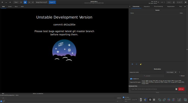 Screenshot eines Computermonitors, der "instabile Entwicklungsversion" in fetter weißer Schrift auf schwarzem Hintergrund anzeigt, mit "unaufhaltsamer Entwicklung" in hellblau hervorgehoben, zusammen mit Symbolen für eine Suchleiste, ein Dropdown-Menü und eine Fortschrittsleiste.