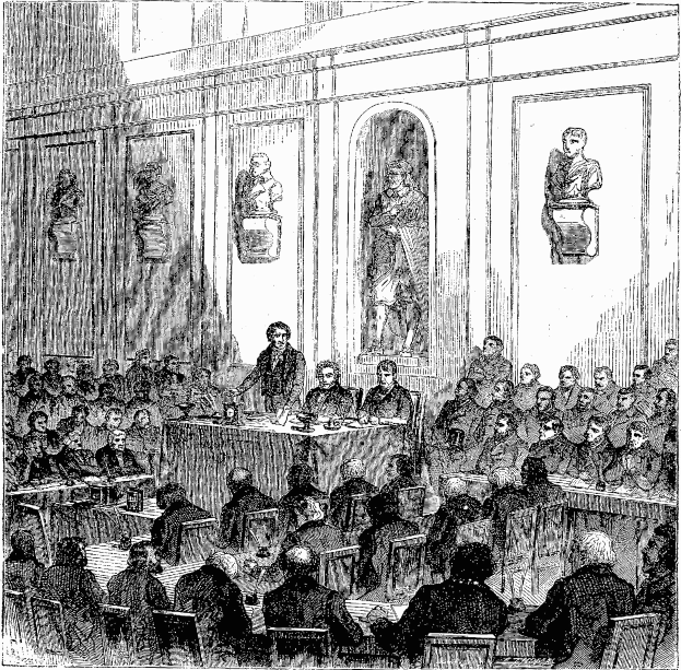 Schwarzes und weißes Gerichtszeichnung mit sitzenden und stehenden Figuren, beschriftet mit "Oberverwaltungsgericht" unten.