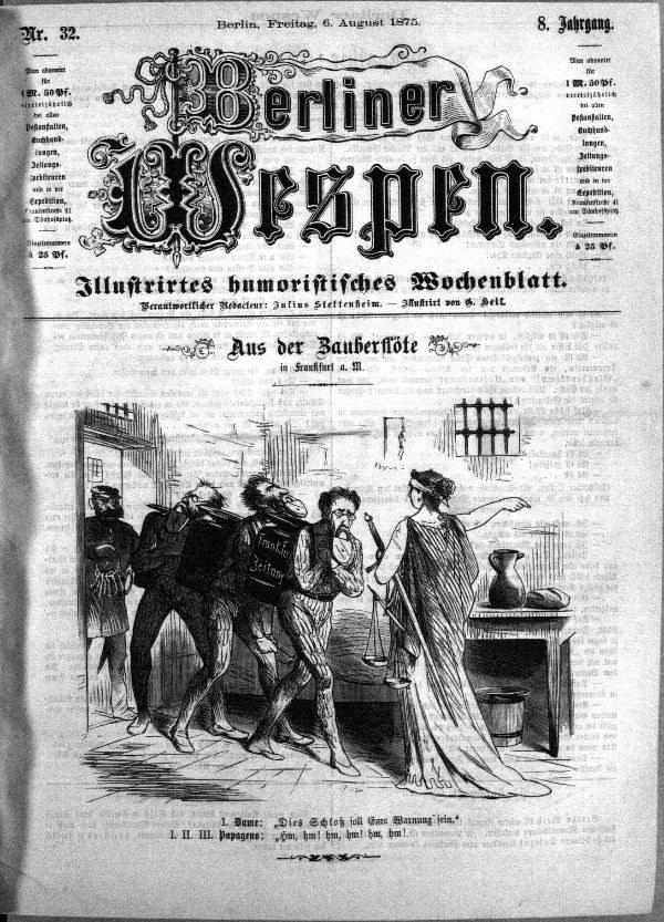 Altes schwarz-weißes Zeitungsfoto vom 'Berliner Wespen, August 6, 1875' mit einer Gruppe von Menschen in Not, einige schauen ängstlich nach oben, andere verwirrt nach unten.