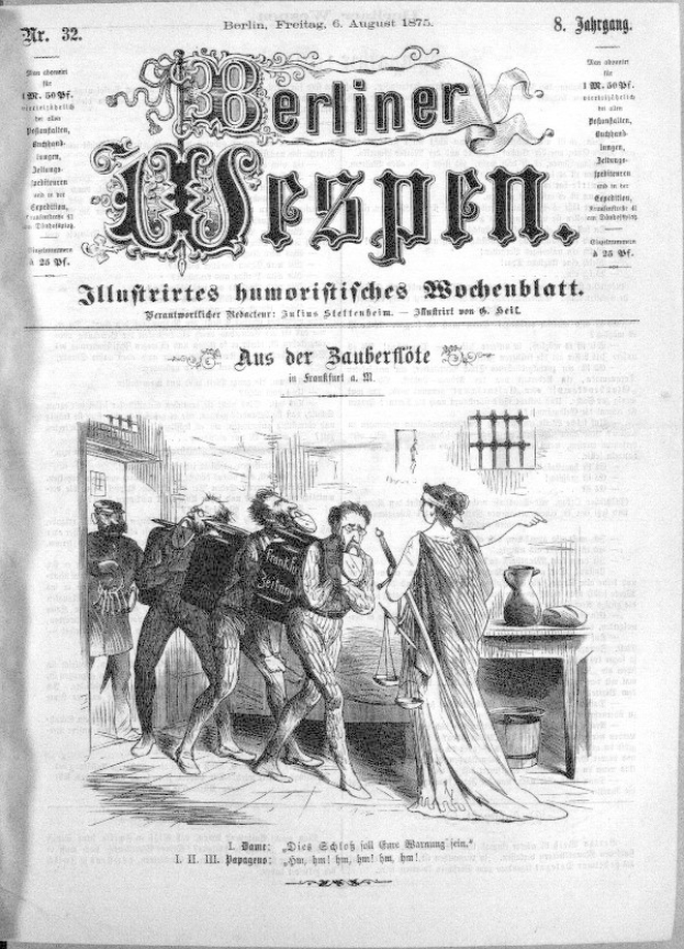 Altes schwarz-weißes Zeitungsfoto vom 'Berliner Wespen, August 6, 1875' mit einer Gruppe von Menschen in Not, einige schauen ängstlich nach oben, andere verwirrt nach unten.