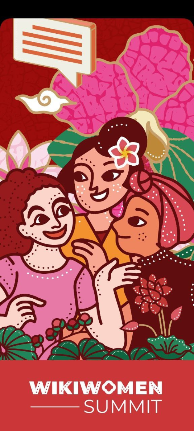 Plakat für den Wikiwomen Summit 2019 mit drei Frauen, umgeben von Blumen, und dem Ereignisnamen unten.