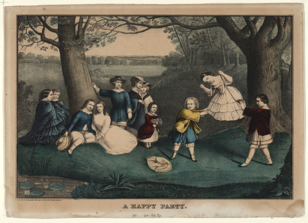 Eine Gruppe von Kindern, die in einem Park mit Bäumen, Pflanzen und Gras spielt, einige sitzen, andere stehen, mit dem Text "Eine fröhliche Party" unten.