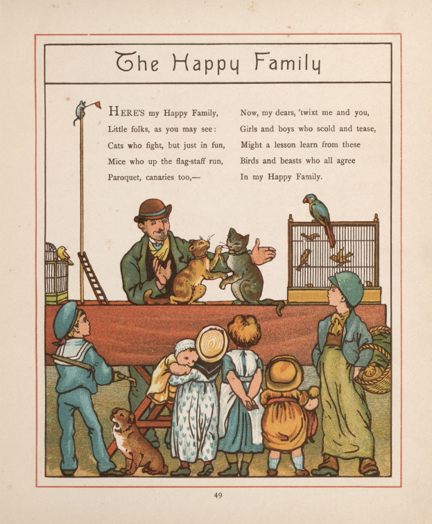 Ein Buchumschlag mit dem Titel "Die glückliche Familie" zeigt eine Illustration einer lächelnden Familie - einen Mann in einem blauen Hemd und einer roten Mütze, eine Frau in einer Schürze und einem weißen Kleid und mehrere Kinder in bunten Kleidern, die gemeinsam vor einem hellblauen Himmel mit weißen Wolken posieren.