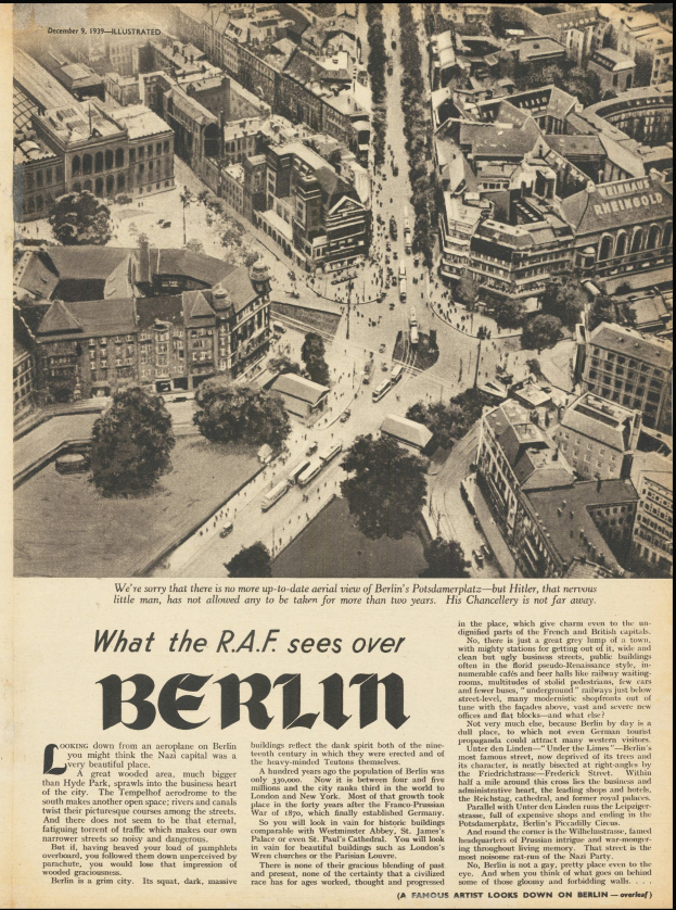 Schwarz-weißes Bild einer alten Zeitung mit einem Stadtpanorama-Foto, das Gebäude, Bäume und Fahrzeuge zeigt, sowie Text.