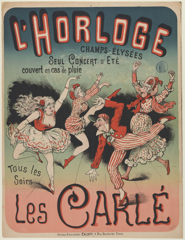 Plakat für ein Konzert im Chorlage in Paris mit einer Gruppe von Menschen, die in bunten Kostümen tanzen und strahlende Gesichter haben, umgeben von fettem Text auf einem gelben Hintergrund.