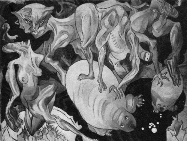 Schwarzes und weißes 1938-Zeichnung von KÜNSTLER, das eine Gruppe von Tieren einschließlich eines Löwen, einer Giraffe, eines Zebras und eines Flusspferds in einem dunklen, mysteriösen Raum zeigt.