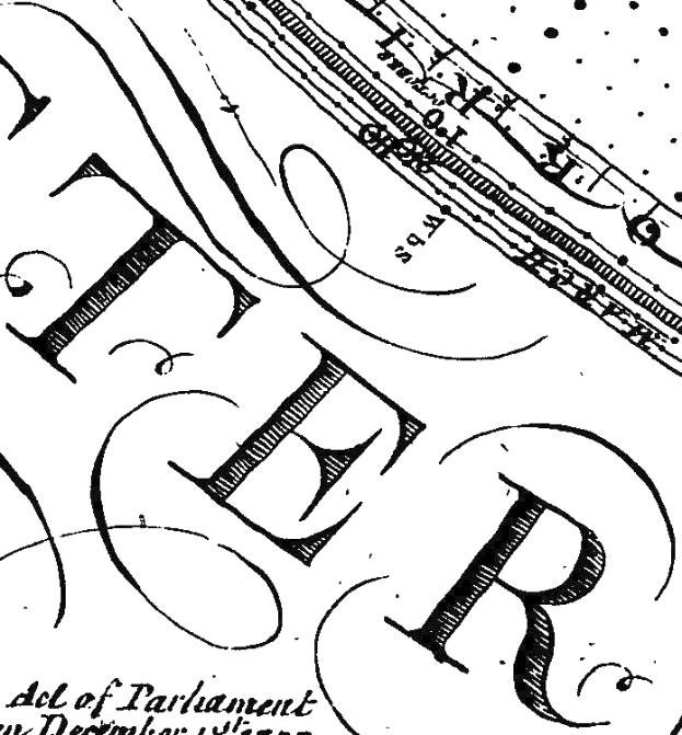 Schwarze und weiße Illustration des Buchstabens 'R' als erster Seiten eines Gesetzes mit schwarzer, fetter Schrift und einem dekorativen Rand auf leicht zerknittertem, altem Papier.