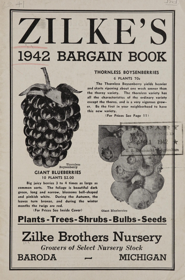 Papier mit einer Illustration von tiefvioletten, reifen Trauben und dem Text "Zilke's 1942 Bargain Book" in fetter schwarzer Schrift auf einem violetten Hintergrund.