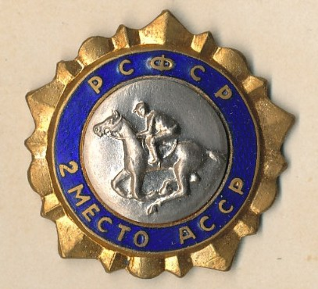 Ein gold-blaues Abzeichen mit einem Pferd und Reiter in der Mitte, umgeben von Text.