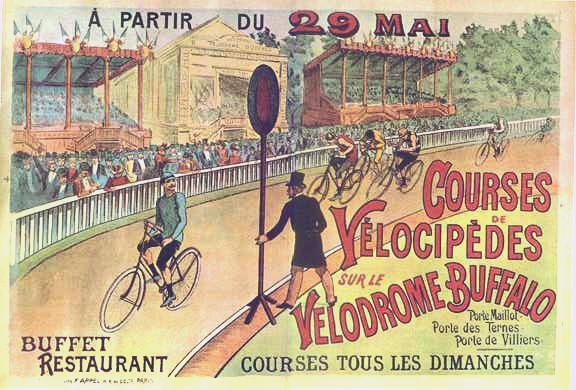 Plakat für ein Velodrom in Buffalo, New York, das Menschen beim Radfahren auf einer umzäunten Straße mit einem Gebäude und Bäumen im Hintergrund zeigt und Text mit Veranstaltungseinzelheiten enthält.