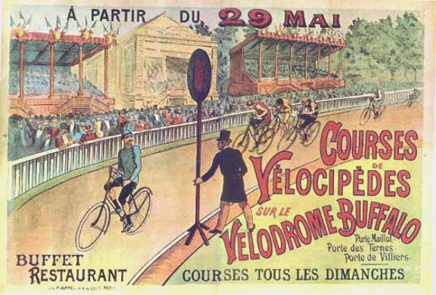 Plakat für ein Velodrom in Buffalo, New York, das Menschen beim Radfahren auf einer umzäunten Straße mit einem Gebäude und Bäumen im Hintergrund zeigt und Text mit Veranstaltungseinzelheiten enthält.