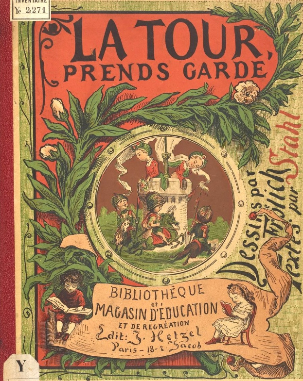 Buchumschlag mit Kindern, die in einem üppigen Garten mit grünen Blättern und bunten Blüten spielen, betitelt mit "La Tour Prends Garde".