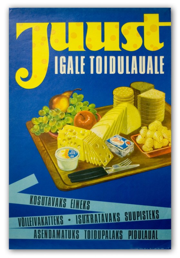 Ein Plakat mit verschiedenen Lebensmitteln wie Früchten, einem Messer und einer Schüssel sowie begleitendem Text.