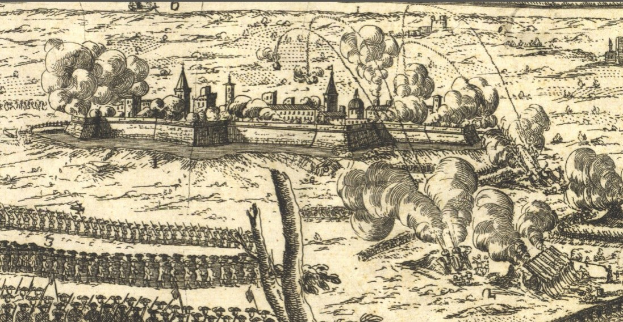 Eine Zeichnung einer belagerten Stadt mit Rauch, der aus den Gebäuden aufsteigt, umgeben von Bäumen und Menschen im Vordergrund, und Text oben und unten.