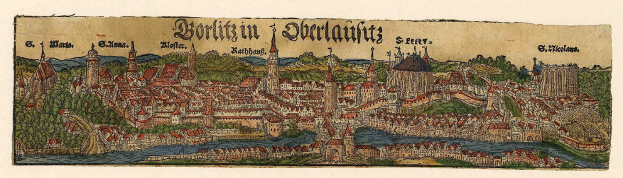 Alte Karte von Berlin, Deutschland, mit Gebäuden, Bäumen, Wasser und Bergen im Hintergrund, beschriftet mit "Borlitz, Deutschland" oben.