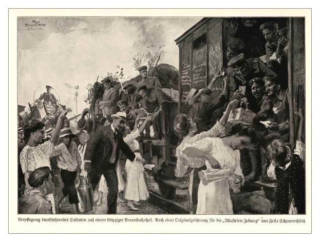 Ein Schwarz-Weiß-Foto einer Gruppe von Menschen, die vor einem Zug stehen, einige halten Gegenstände, vor einem Hintergrund aus Bäumen und Himmel, mit Text unten: "P.K. Schneiderstatt, 1874-1914 - Deutsch - Deutscher Bürgerkrieg".