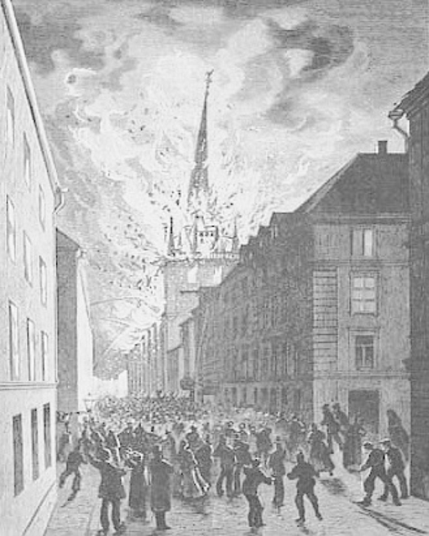 Schwarz-weiß-Zeichnung einer Menge, die an einer Kirche vorbei auf einer von Gebäuden gesäumten Straße geht, mit der Beschriftung "Der Brand der St. Peters Kirche in London, England" unten.