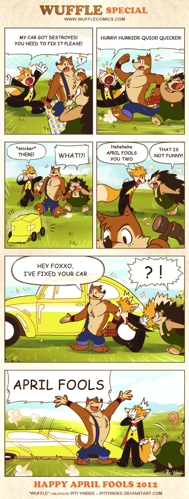 Ein Comic-Stripp-Plakat mit der Überschrift "Aprilscherz" zeigt einen Cartoon-Mann und -Frau in einem Gespräch, wobei einer gestikuliert, vor einem hellblauen Himmel mit weißen Wolken in fetter schwarzer Schrift.