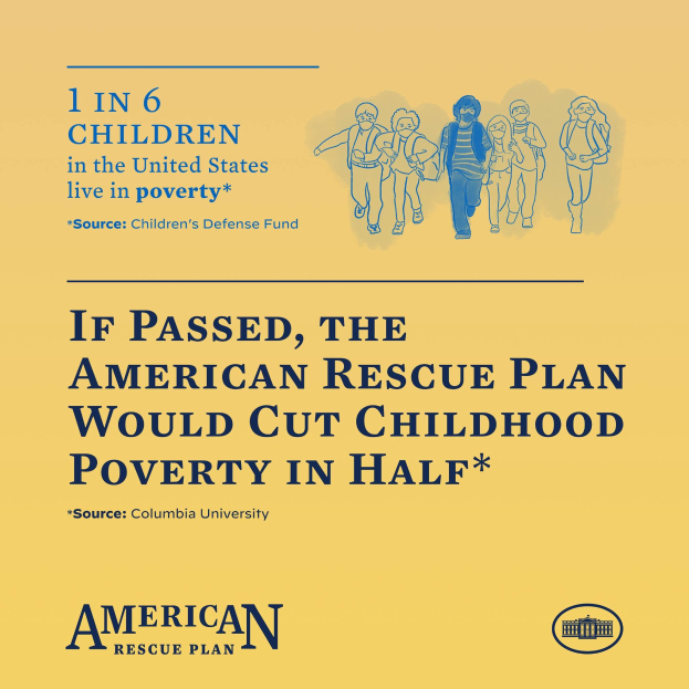 Plakat für den American Rescue Plan, um die Kinderarmut in den USA um die Hälfte zu reduzieren, mit Text und einem Bild einer vielfältigen Gruppe von Menschen.